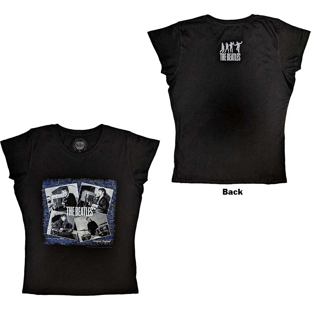 Black women’s t-shirt with a collage of The Beatles images.