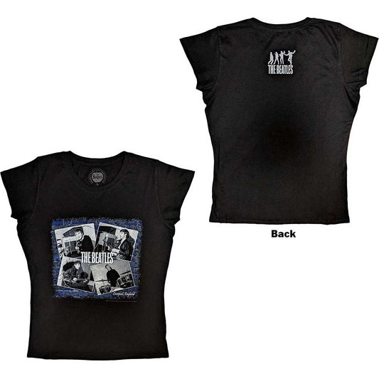 Black women’s t-shirt with a collage of The Beatles images.