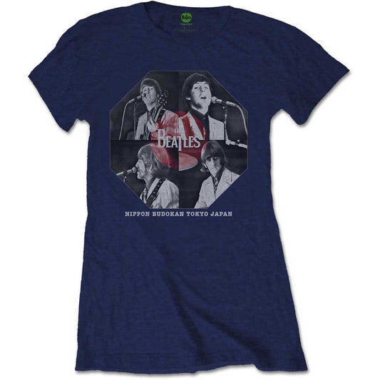 Blue t-shirt featuring a black and white Beatles Budokan octagon graphic print.
