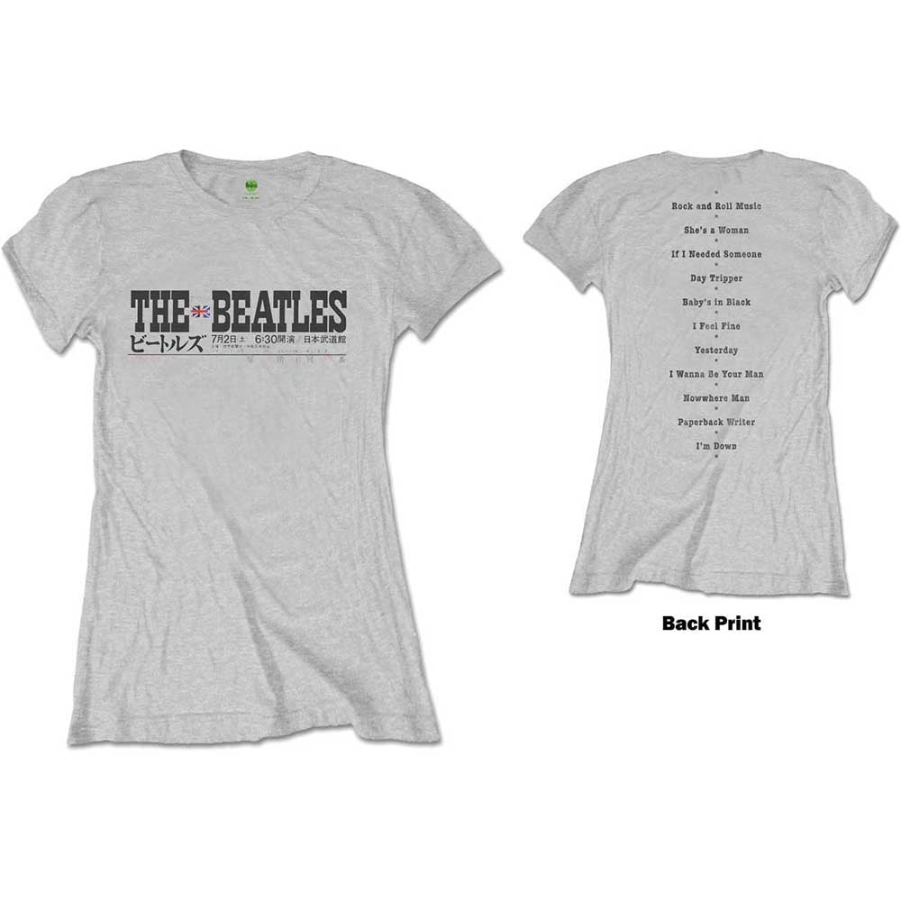 Gray ladies' t-shirt with The Beatles Budokan set list on back.