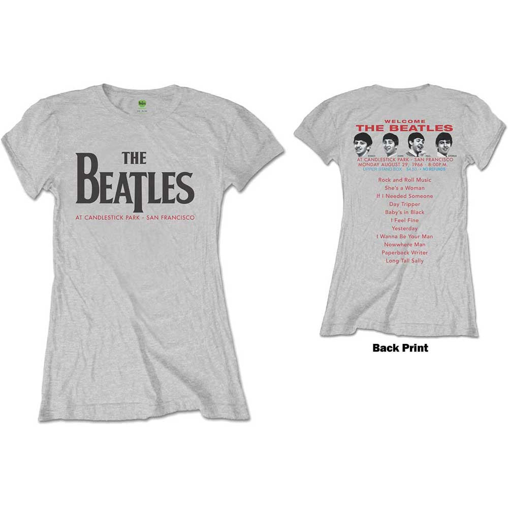 Grey women's t-shirt with "The Beatles" and Candlestick Park text.