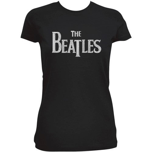 Woman wearing a black t-shirt with a sparkly "The Beatles" logo.
