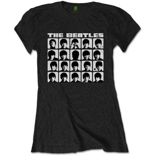 Black t-shirt with a grid of black and white Beatles faces.