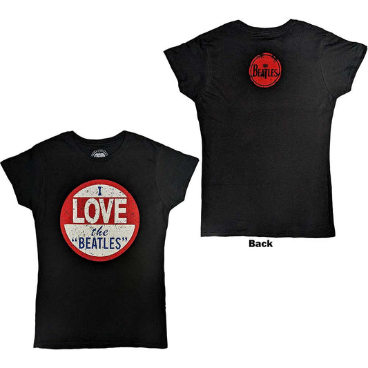 Black women’s t-shirt with a red “Love The Beatles” graphic.
