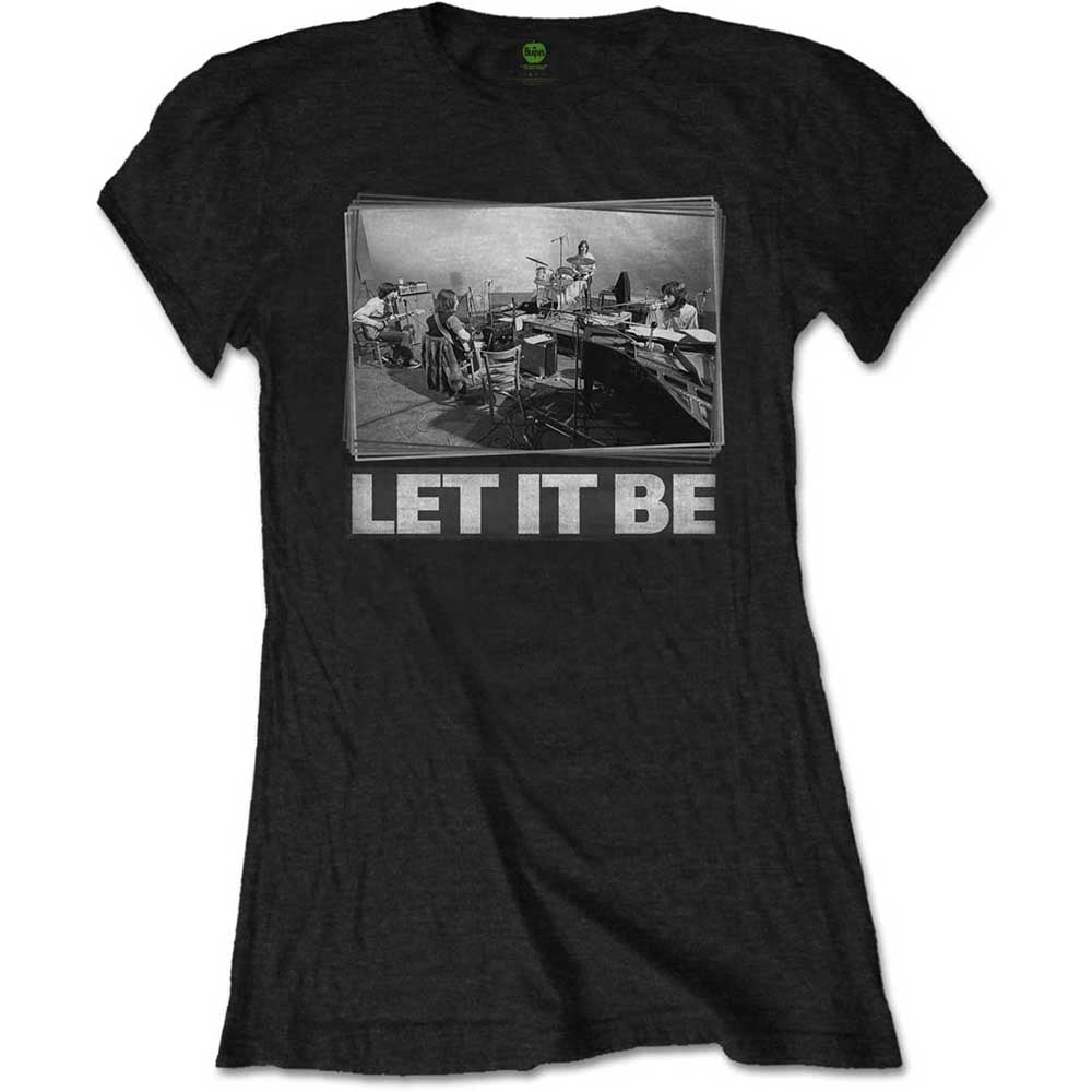 Black t-shirt with a black and white Beatles Let It Be studio photo print.