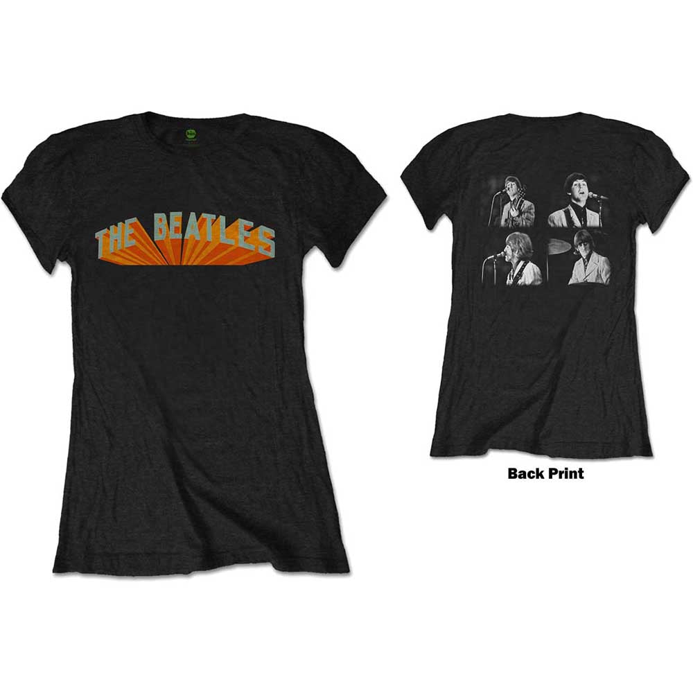 Black women’s t-shirt with orange and blue “The Beatles” graphic.