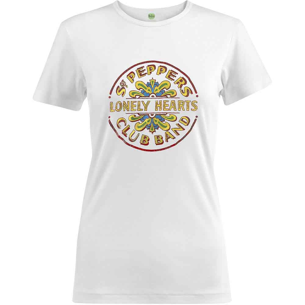 White women’s t-shirt with colorful Sgt. Pepper’s Lonely Hearts Club Band design.