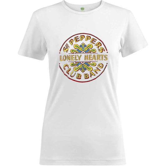 White women’s t-shirt with colorful Sgt. Pepper’s Lonely Hearts Club Band design.