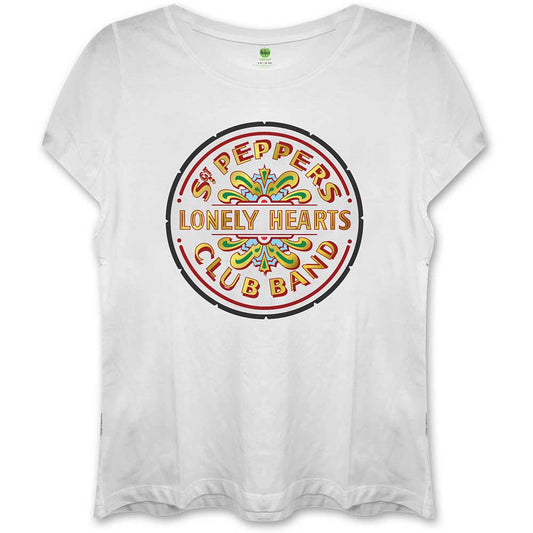White women’s t-shirt with colorful Sgt. Pepper’s Lonely Hearts Club Band design.