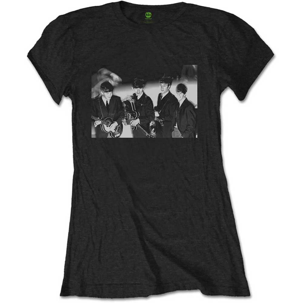 Black t-shirt featuring a black and white photo of The Beatles with guitars.