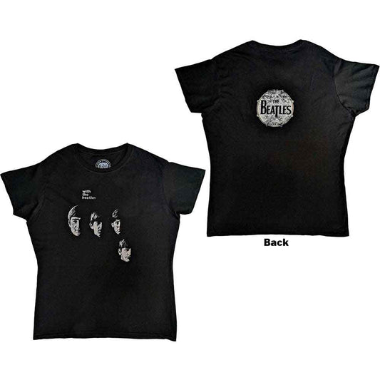 Black Beatles t-shirt with band member portraits on front and logo on back.