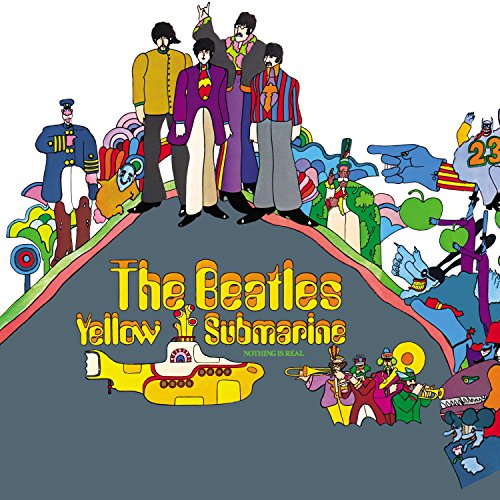 "Colorful cartoon album cover featuring The Beatles and a yellow submarine."