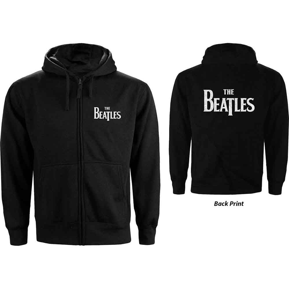 Black Beatles zip-up hoodie with logo on front and back.
