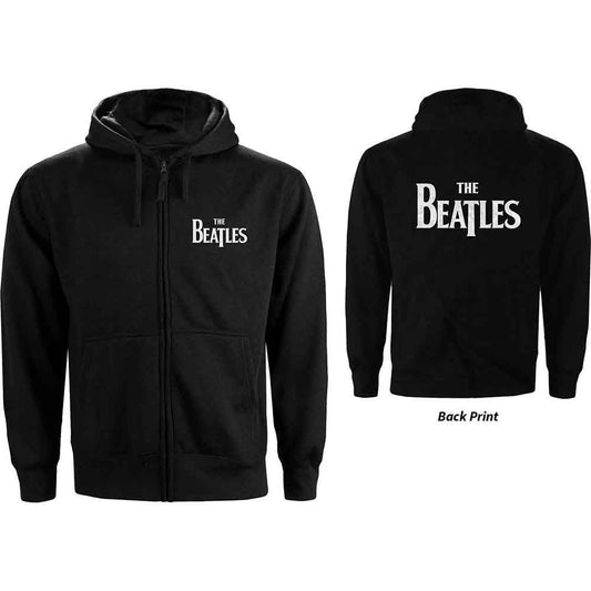 Black Beatles zip-up hoodie with logo on front and back.