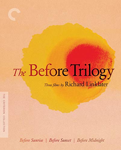 The Before Trilogy Criterion Collection Blu-ray cover with a yellow and red sun graphic.