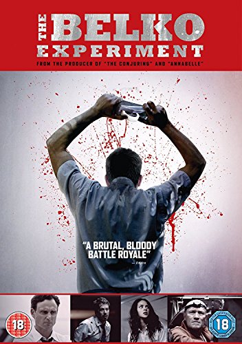 DVD cover for "The Belko Experiment" showing a man with a gun and blood splatters.