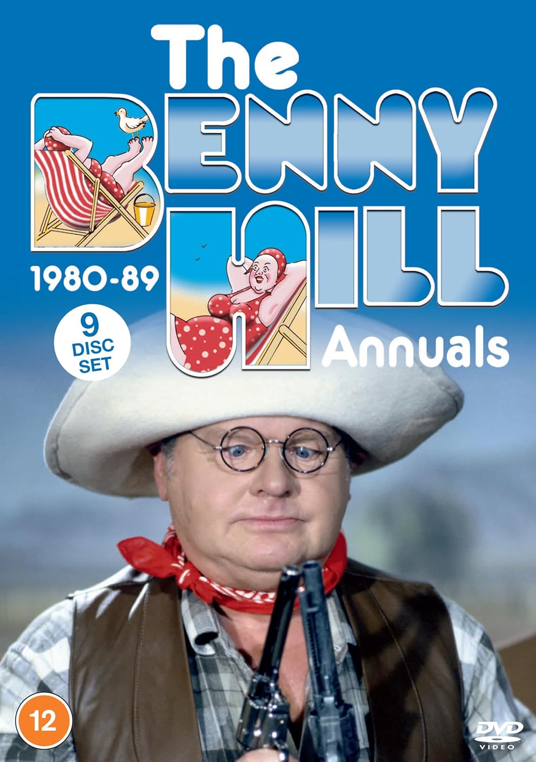 Benny Hill DVD cover featuring the comedian in a cowboy costume and cartoon illustrations.