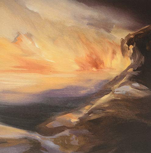 Oil painting of a dramatic, golden sunset over a dark, rocky landscape.