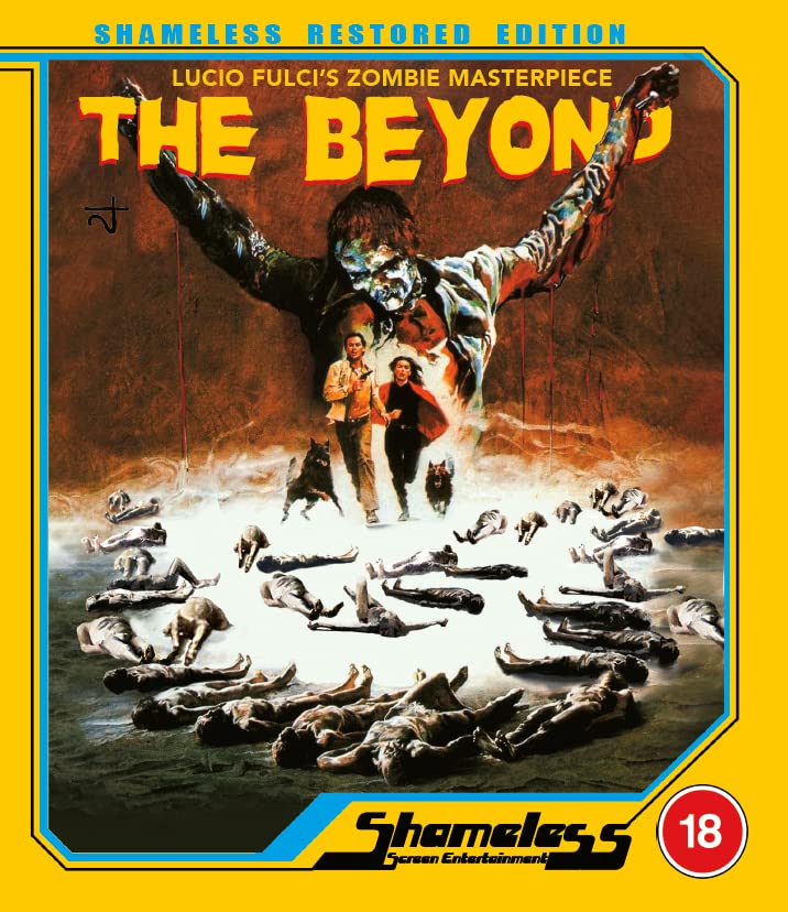 Blu-ray cover art for The Beyond featuring a large zombie figure and many corpses.