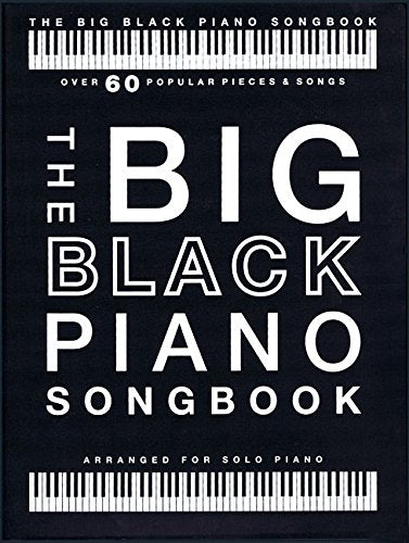 Black piano songbook cover with white text and keyboard illustrations.