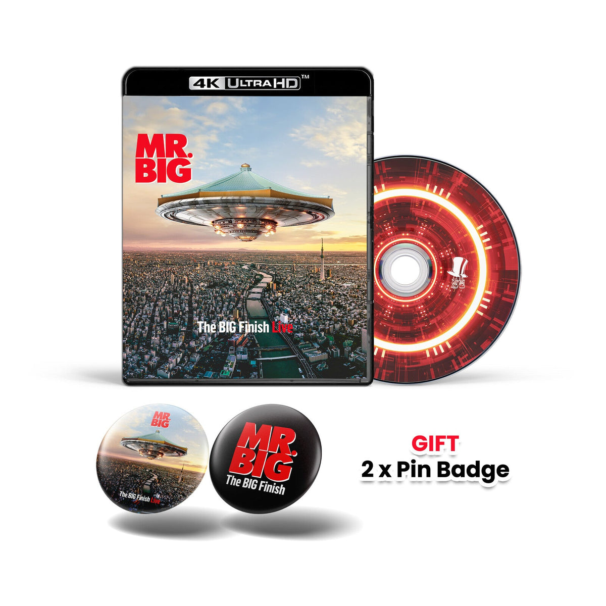 Mr. Big The Big Finish Live 4K Blu-ray case, disc, and two pin badges.