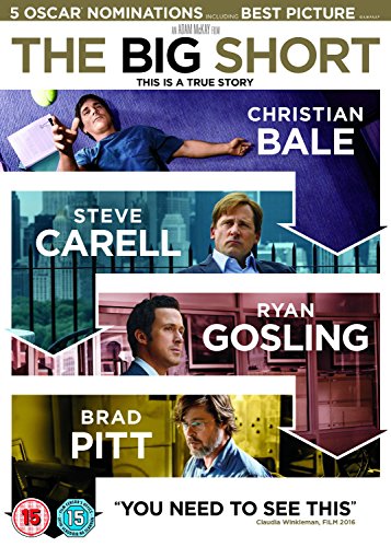 DVD cover for "The Big Short" featuring Christian Bale, Steve Carell, and Ryan Gosling.