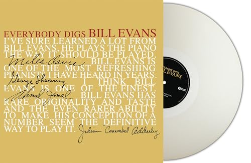 Everybody Digs Bill Evans" vinyl record with text and clear disc.