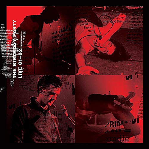 Red and black album cover for The Birthday Party’s live vinyl record.