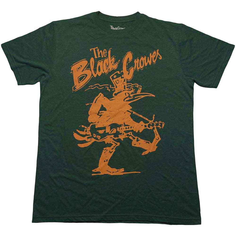 Black t-shirt with graphic of a crow holding a guitar, size large.