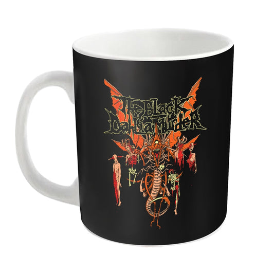 Black ceramic mug with The Black Dahlia Murder band logo in orange.