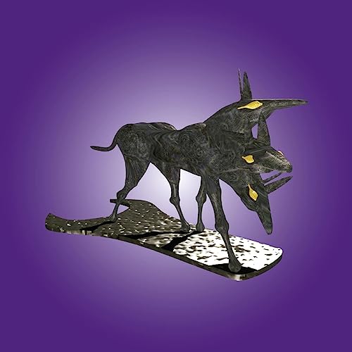 Black dog sculpture with multiple heads standing on a cracked surface.