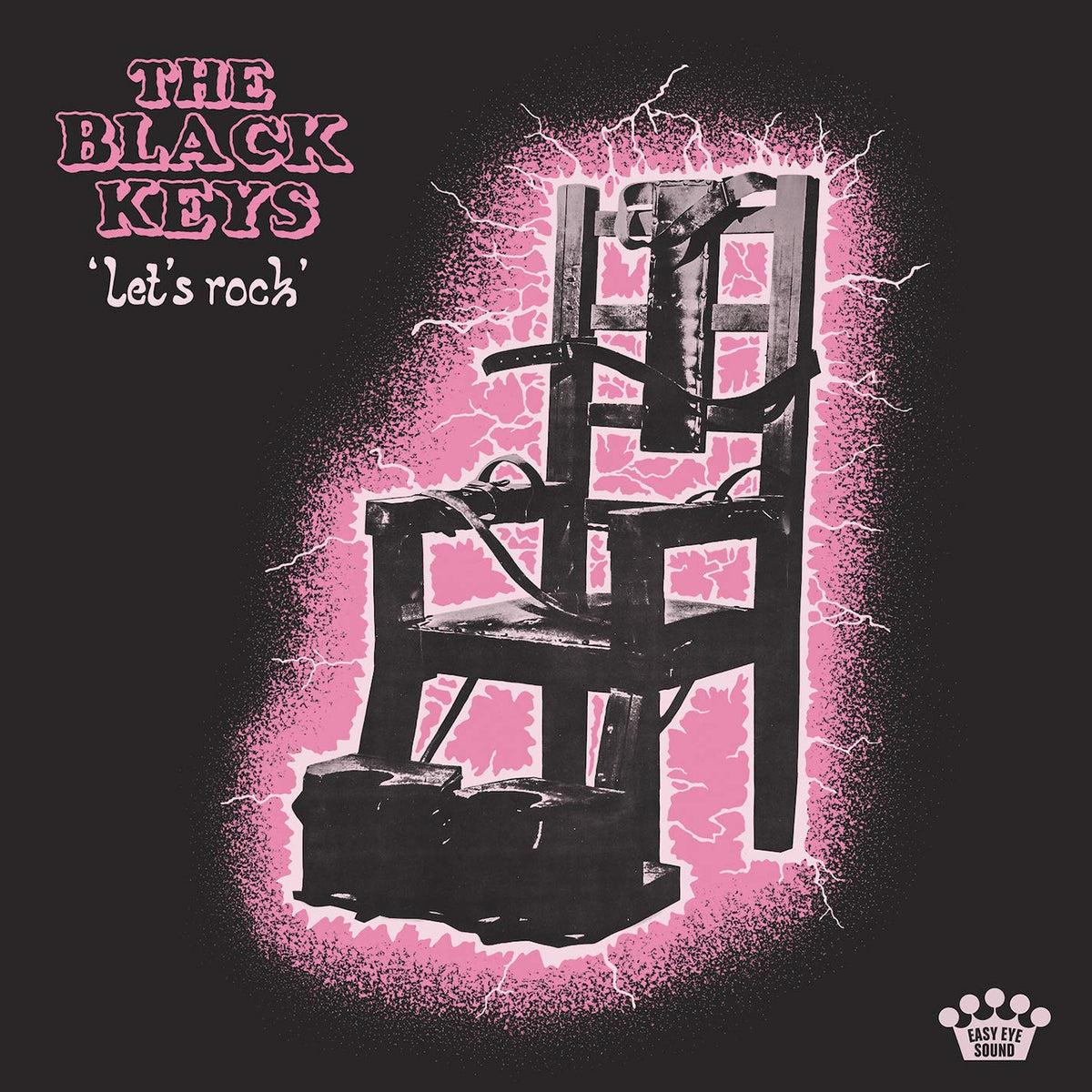 "Album cover featuring an electric chair surrounded by pink lightning on a black background."