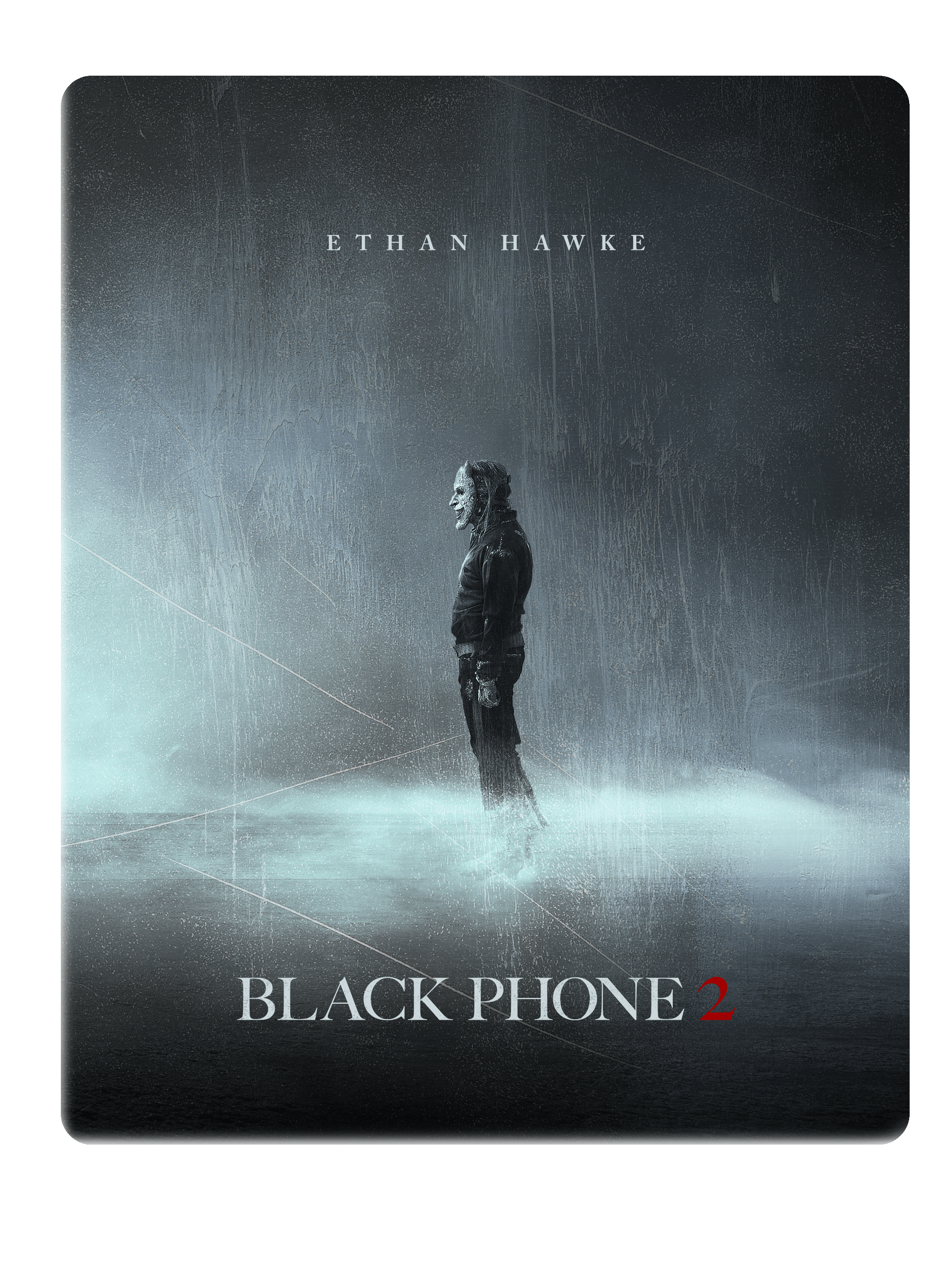 Steelbook cover for "The Black Phone 2" featuring a masked figure in rain.
