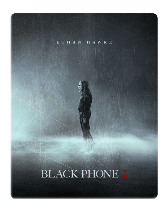 Steelbook cover for "The Black Phone 2" featuring a masked figure in rain.