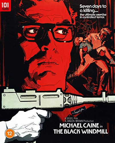 Blu-ray cover for "The Black Windmill" featuring Michael Caine with a gun.
