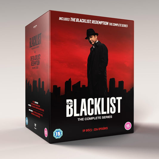 The Blacklist Complete Series and Redemption DVD box set with a red city background.
