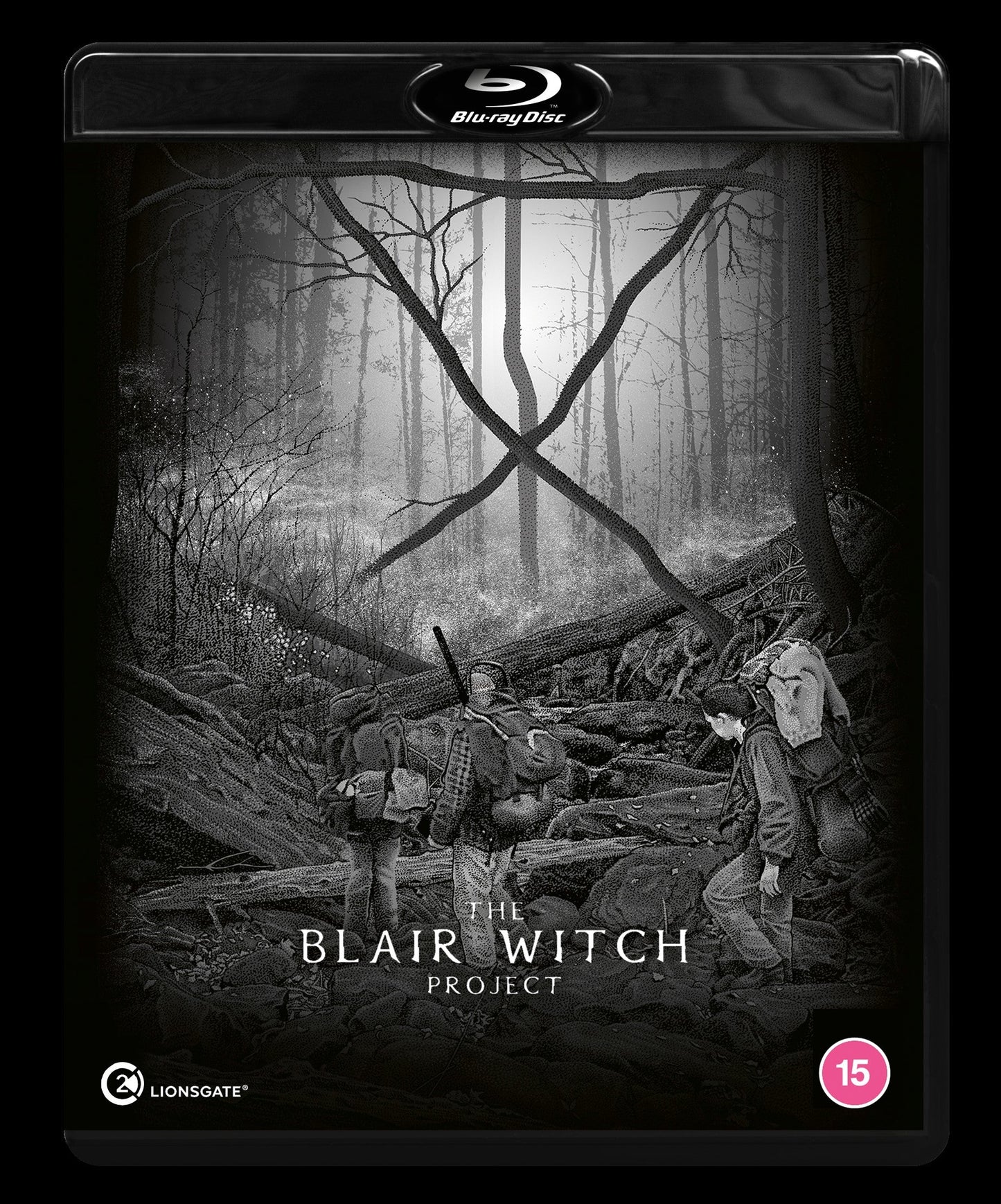 Blu-ray cover art showing three hikers in a dark forest with a large X.