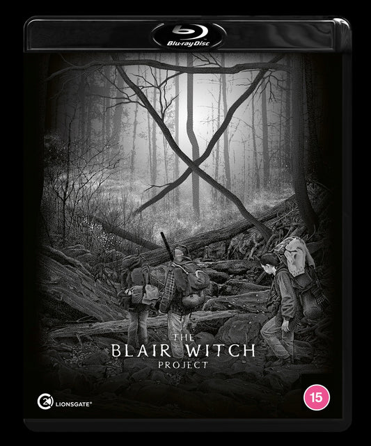 Blu-ray cover art showing three hikers in a dark forest with a large X.