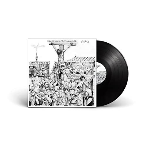 Black and white vinyl record with cover art depicting a crowd beneath a crucifixion.
