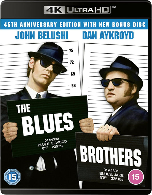 John Belushi and Dan Aykroyd in hats and sunglasses holding mugshot signs for movie.