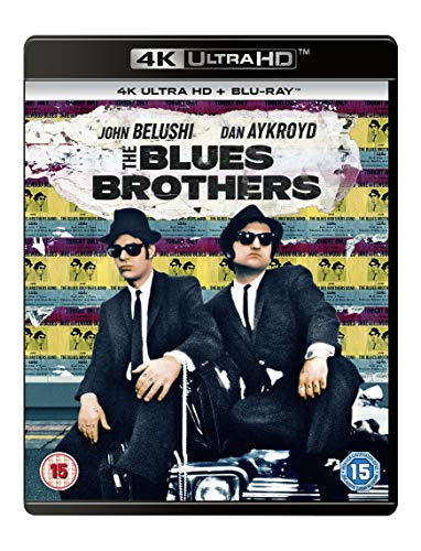 The Blues Brothers" 4K Blu-ray cover featuring Belushi and Aykroyd in suits.