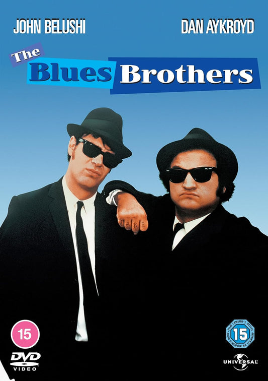 John Belushi and Dan Aykroyd in black suits and sunglasses, film cover.