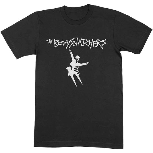 Black t-shirt featuring a white The Bodysnatchers logo and a dancing figure graphic.
