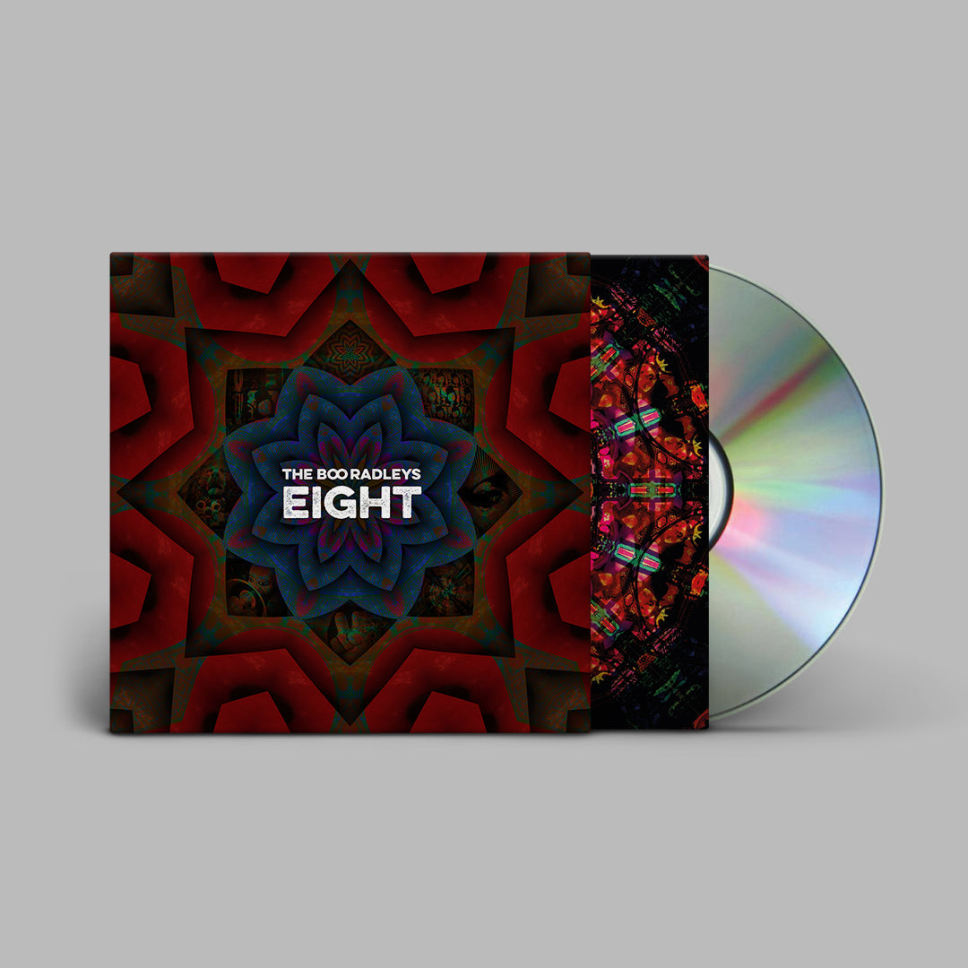 "CD case with a red and blue kaleidoscope design and a silver CD."