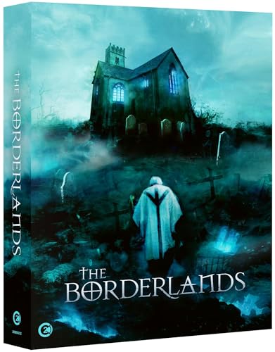 A hooded figure stands in a dark graveyard before a glowing blue church.