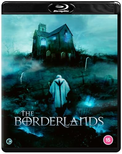 Blu-ray cover of The Borderlands showing a figure facing a church in a graveyardCemetery.