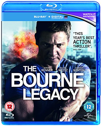 Blu-ray case for The Bourne Legacy featuring Jeremy Renner and an explosion.