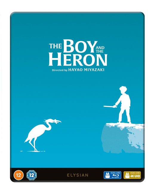 SteelBook Blu-ray cover for "The Boy and The Heron" with heron and boy.
