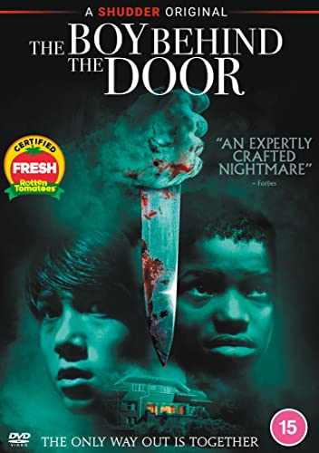 DVD cover for "The Boy Behind The Door" with two boys' faces and a bloody knife.