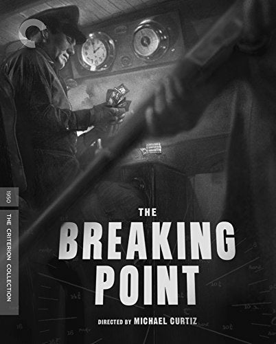 Black and white film poster for "The Breaking Point" with a man and gun.
